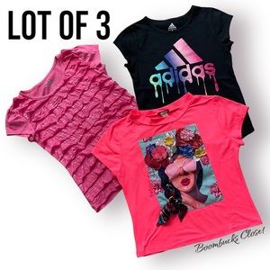 Lot of 3 short  sleeves t shirt Adidas, So, Top Chic. 3d floral, Ruffles,